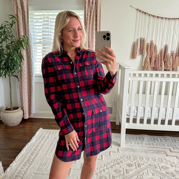 ATM Anthony Thomas Melillo Plaid Flannel Long Sleeve Shirt Dress Red Black XS - Picture 1 of 9